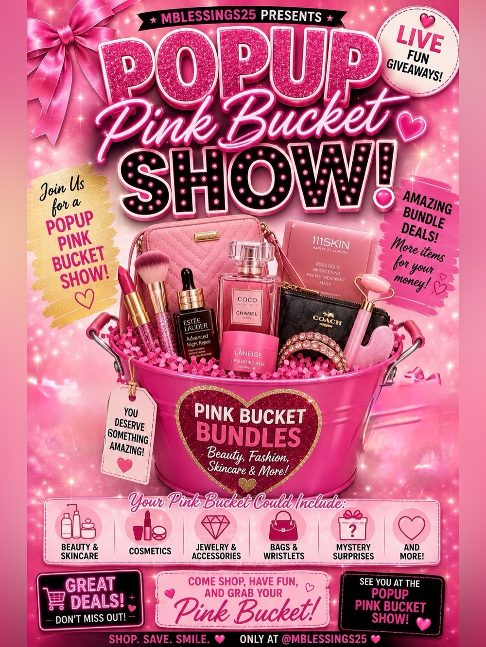 @MBLESSINGS25  🎀 PINK BUCKET POPUP SHOW COME ON IN 💵💵SHOP THE TRAY 🎀